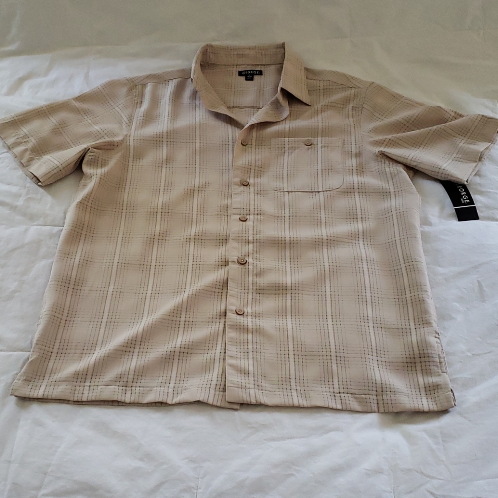 Men's Shirt M Beige Lt Chino Plaid Button Down